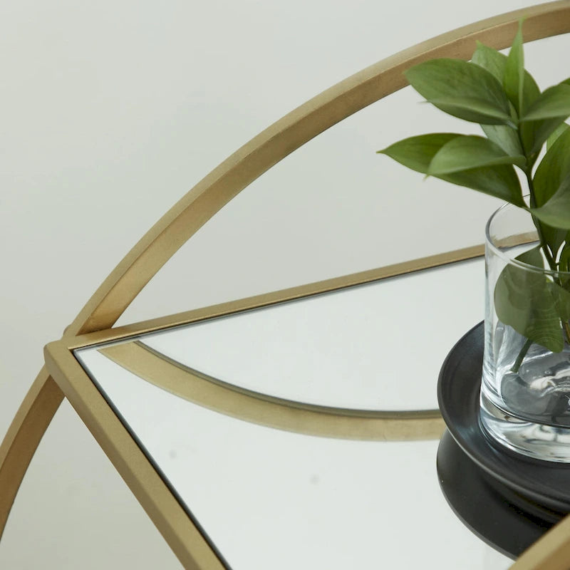 Gold Round Bar Cart Two-Tier Mirror Shelves Matte Frame Wheels