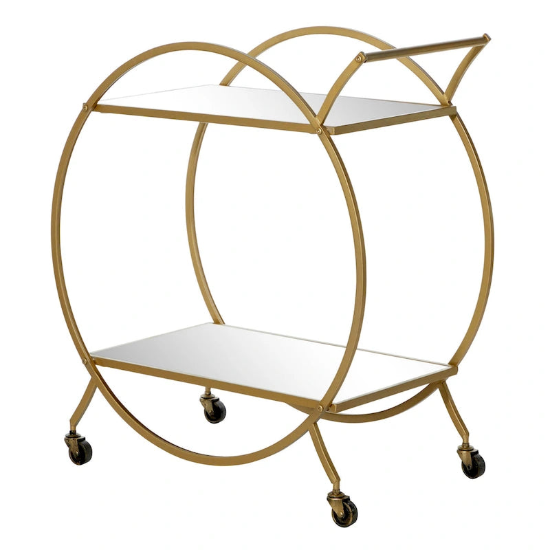 Gold Round Bar Cart Two-Tier Mirror Shelves Matte Frame Wheels