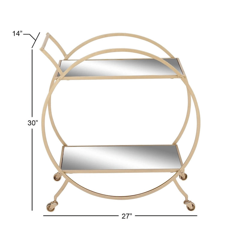 Gold Round Bar Cart Two-Tier Mirror Shelves Matte Frame Wheels
