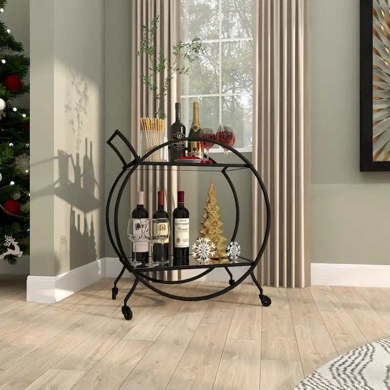Gold Round Bar Cart Two-Tier Mirror Shelves Matte Frame Wheels