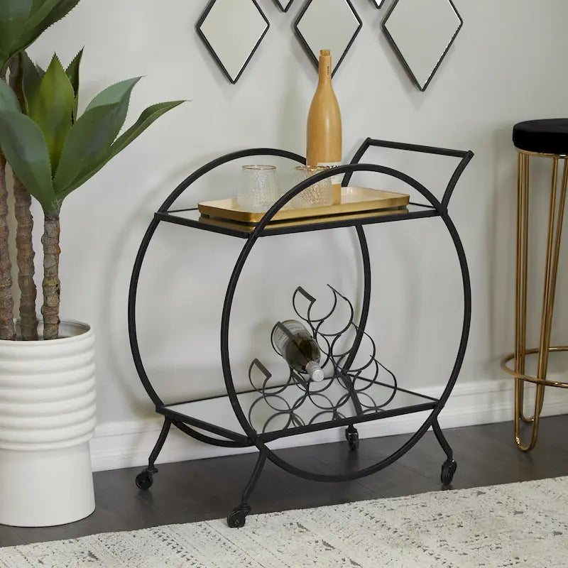 Gold Round Bar Cart Two-Tier Mirror Shelves Matte Frame Wheels