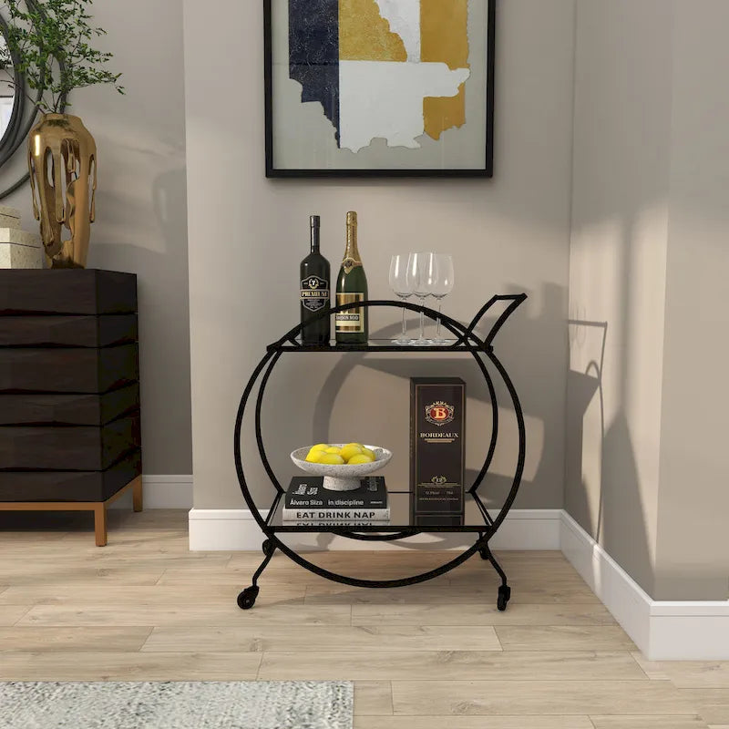 Gold Round Bar Cart Two-Tier Mirror Shelves Matte Frame Wheels