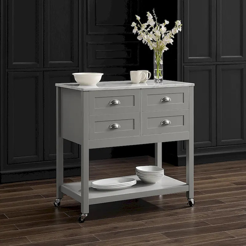 Portable Kitchen Island Cart with Faux Marble Top and Four Drawers Gray White