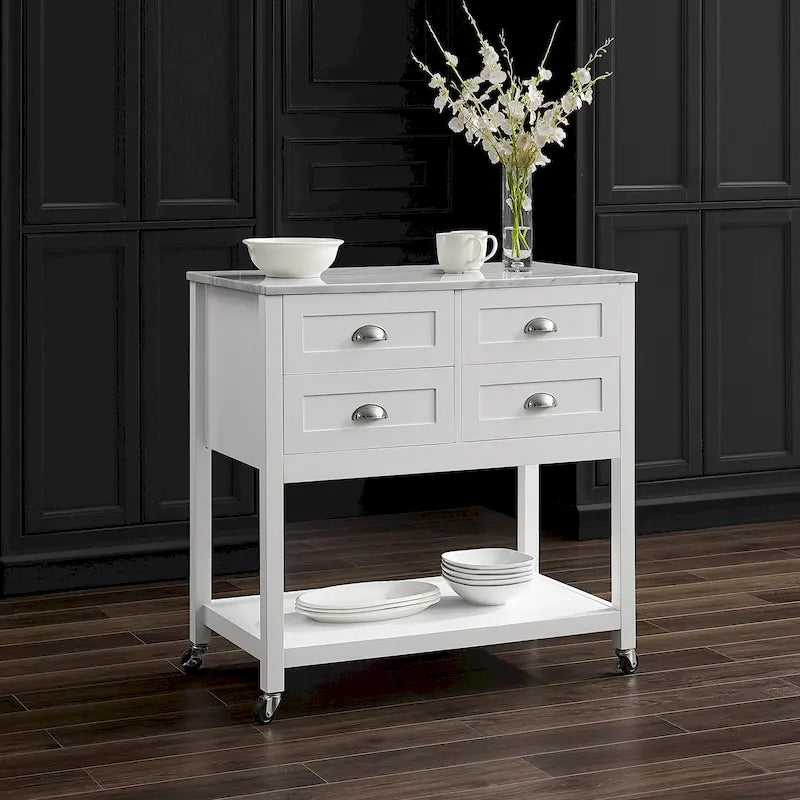 Portable Kitchen Island Cart with Faux Marble Top and Four Drawers Gray White