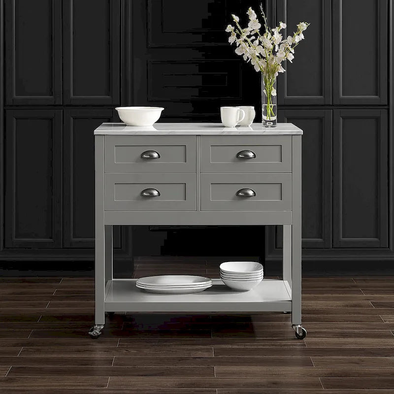 Portable Kitchen Island Cart with Faux Marble Top and Four Drawers Gray White
