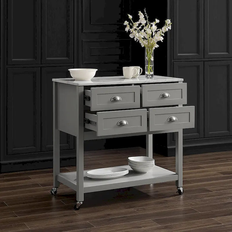 Portable Kitchen Island Cart with Faux Marble Top and Four Drawers Gray White