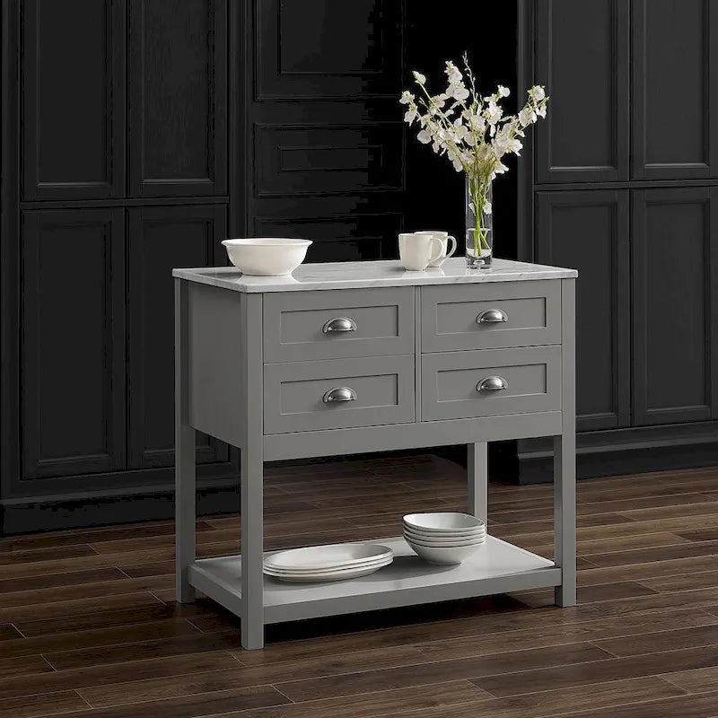 Portable Kitchen Island Cart with Faux Marble Top and Four Drawers Gray White