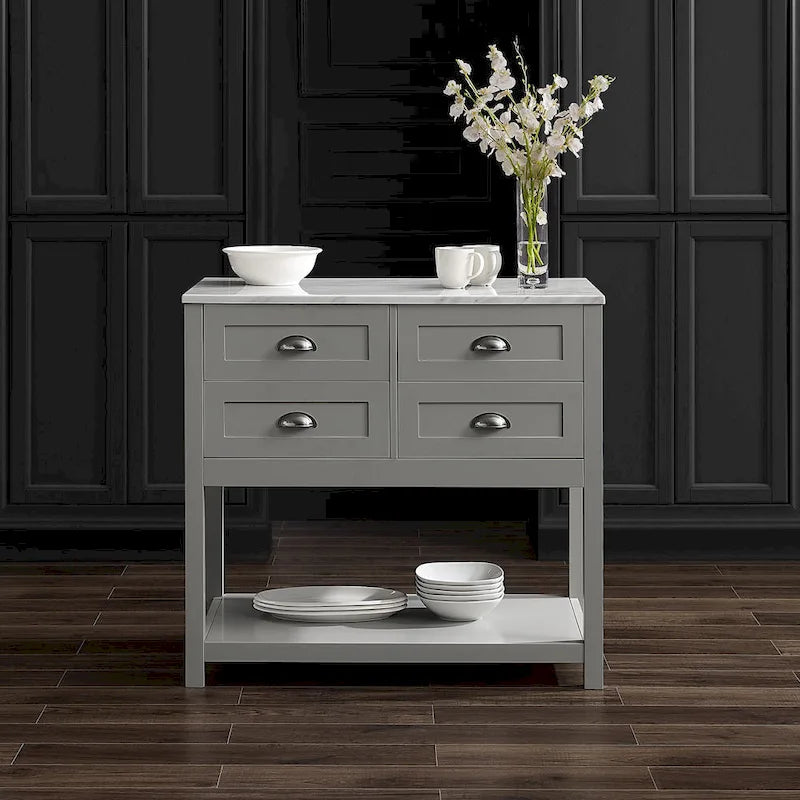 Portable Kitchen Island Cart with Faux Marble Top and Four Drawers Gray White