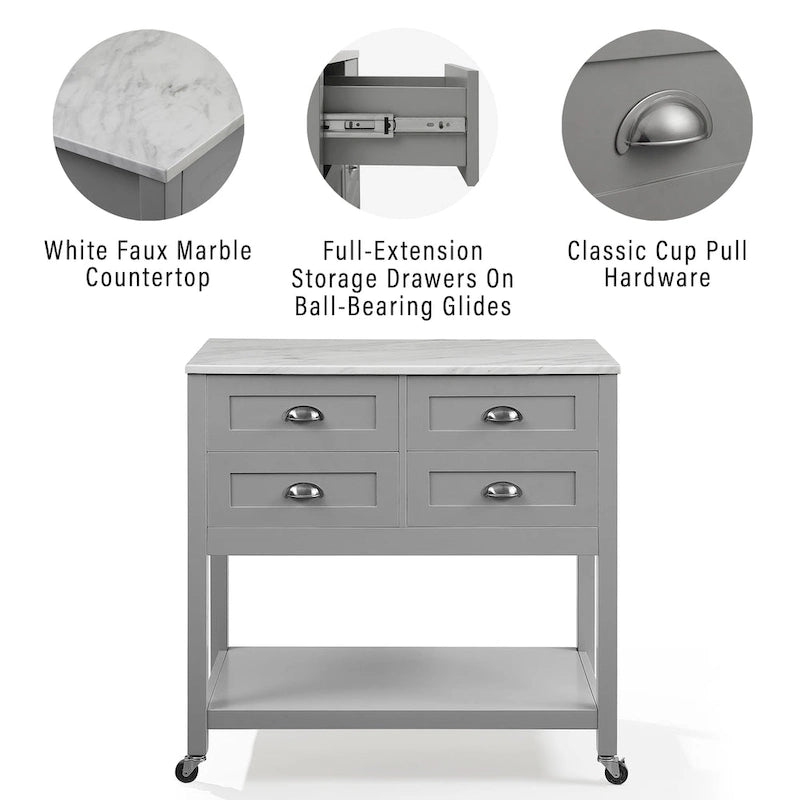 Portable Kitchen Island Cart with Faux Marble Top and Four Drawers Gray White