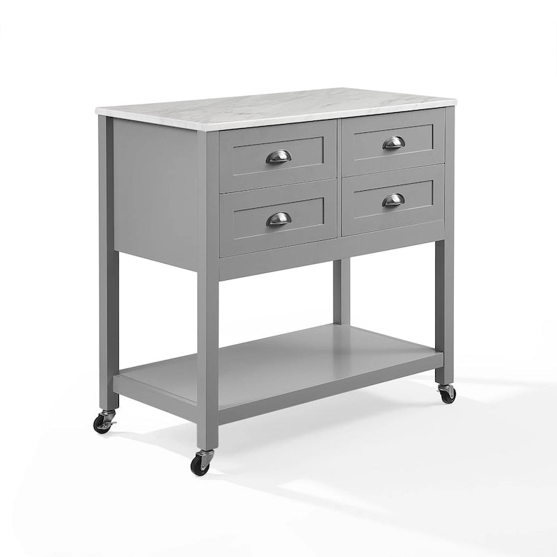 Portable Kitchen Island Cart with Faux Marble Top and Four Drawers Gray White