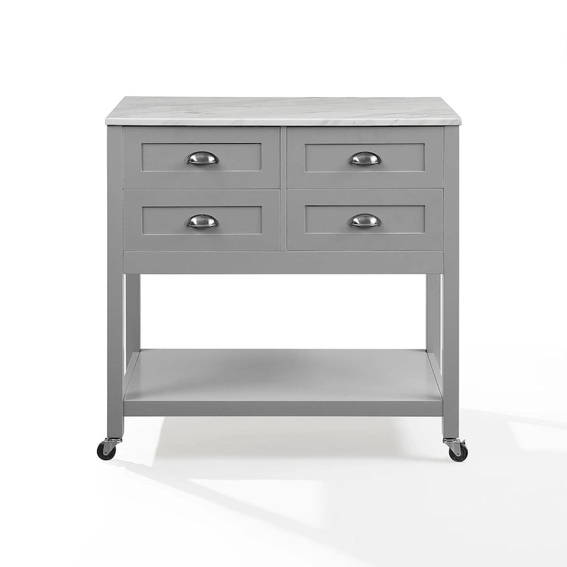 Portable Kitchen Island Cart with Faux Marble Top and Four Drawers Gray White