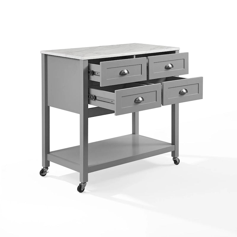 Portable Kitchen Island Cart with Faux Marble Top and Four Drawers Gray White