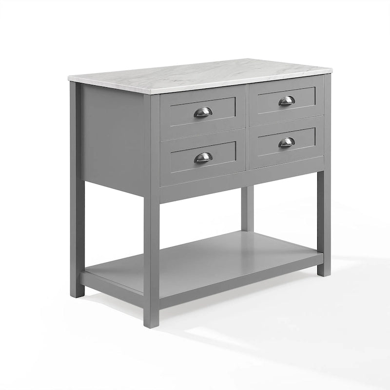 Portable Kitchen Island Cart with Faux Marble Top and Four Drawers Gray White