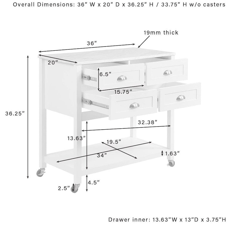 Portable Kitchen Island Cart with Faux Marble Top and Four Drawers Gray White