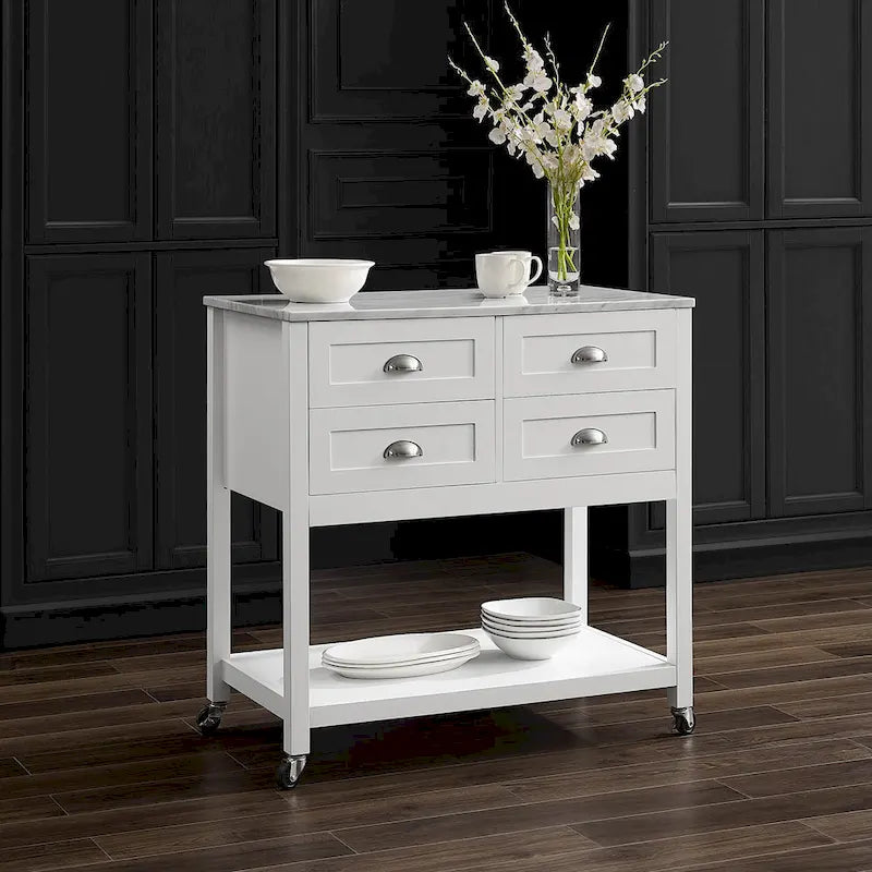 Portable Kitchen Island Cart with Faux Marble Top and Four Drawers Gray White
