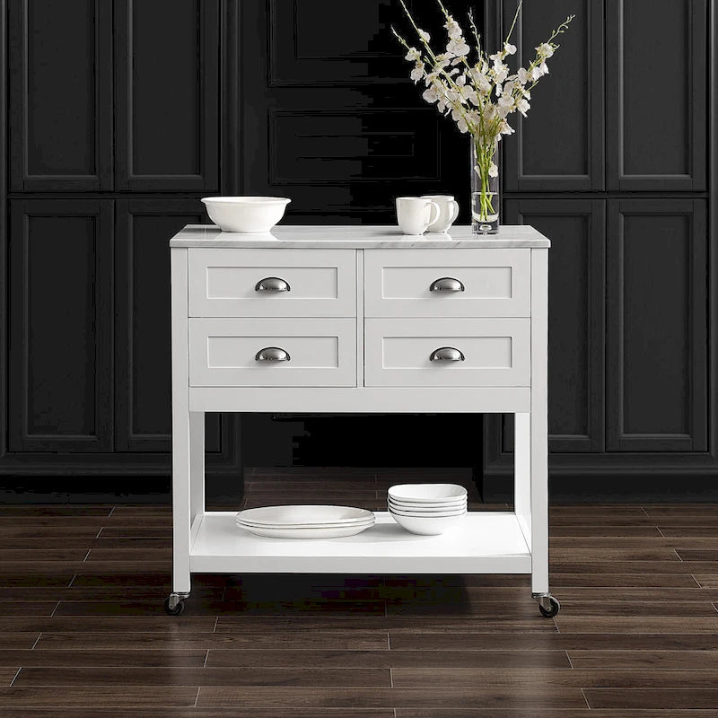 Portable Kitchen Island Cart with Faux Marble Top and Four Drawers Gray White