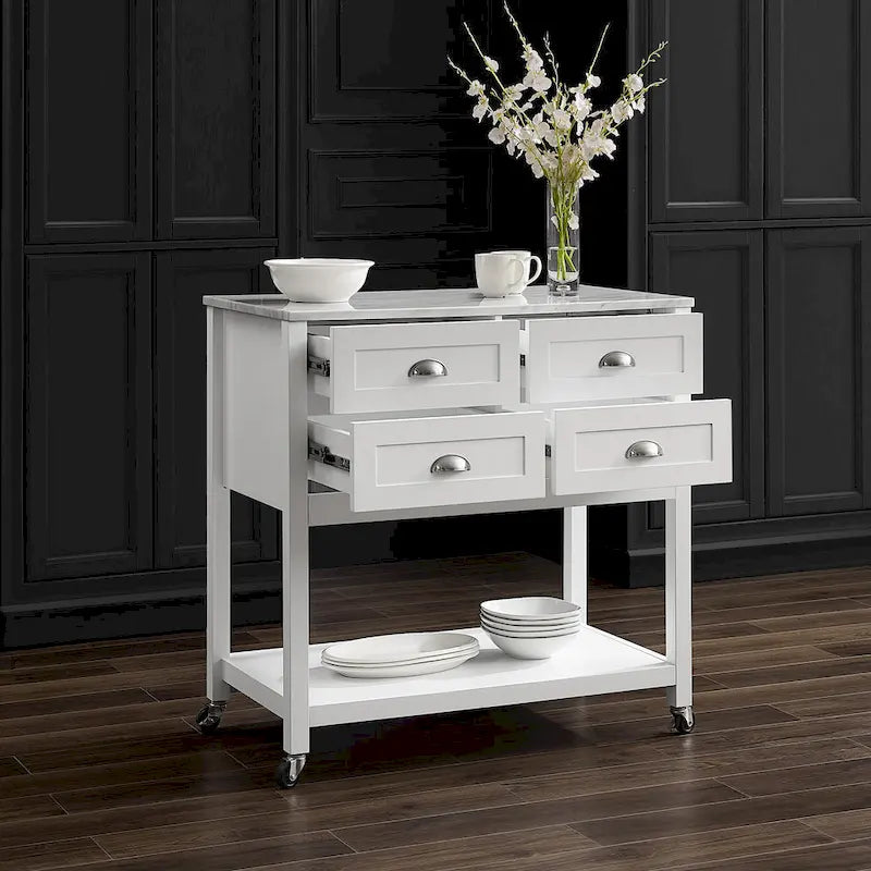 Portable Kitchen Island Cart with Faux Marble Top and Four Drawers Gray White