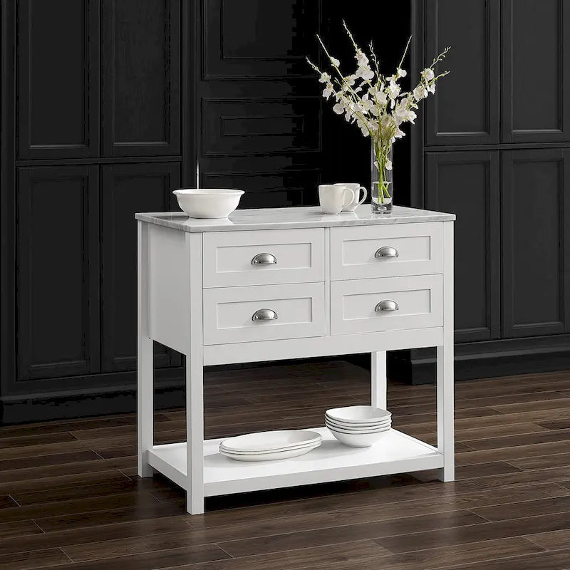 Portable Kitchen Island Cart with Faux Marble Top and Four Drawers Gray White