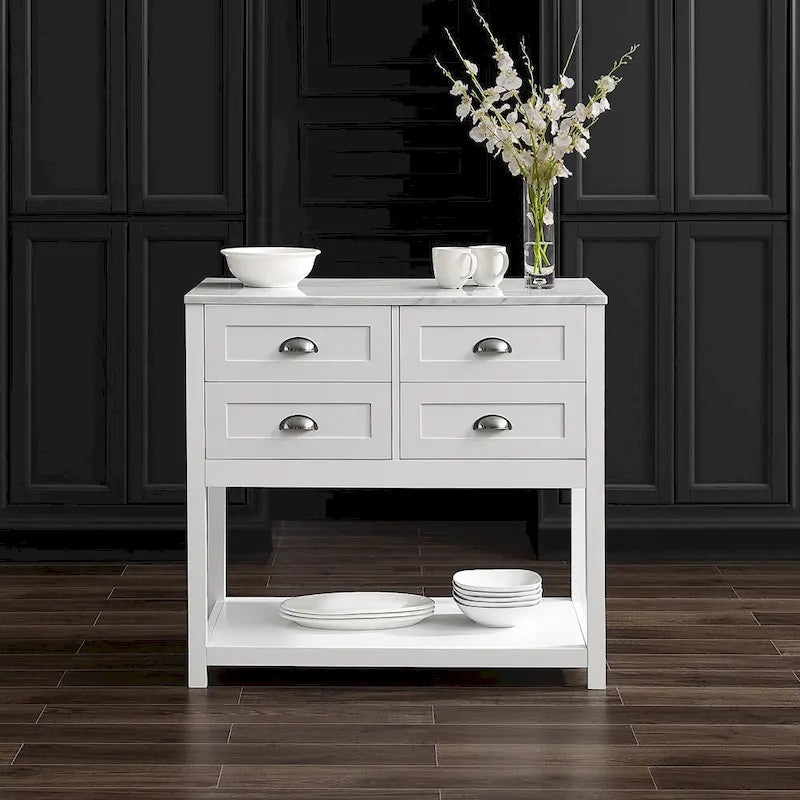 Portable Kitchen Island Cart with Faux Marble Top and Four Drawers Gray White