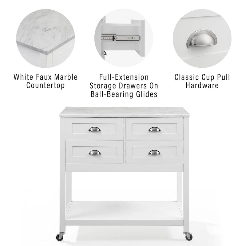 Portable Kitchen Island Cart with Faux Marble Top and Four Drawers Gray White