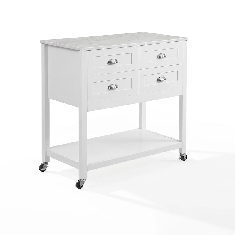 Portable Kitchen Island Cart with Faux Marble Top and Four Drawers Gray White