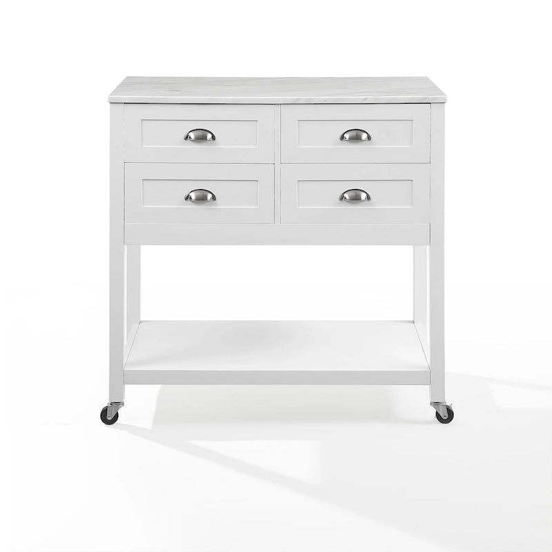 Portable Kitchen Island Cart with Faux Marble Top and Four Drawers Gray White
