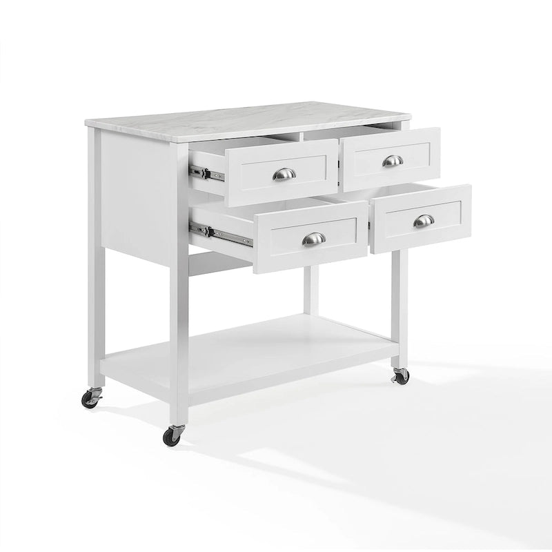 Portable Kitchen Island Cart with Faux Marble Top and Four Drawers Gray White