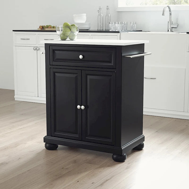 Black Granite Top Portable Kitchen Island Cart with Cabinet Storage