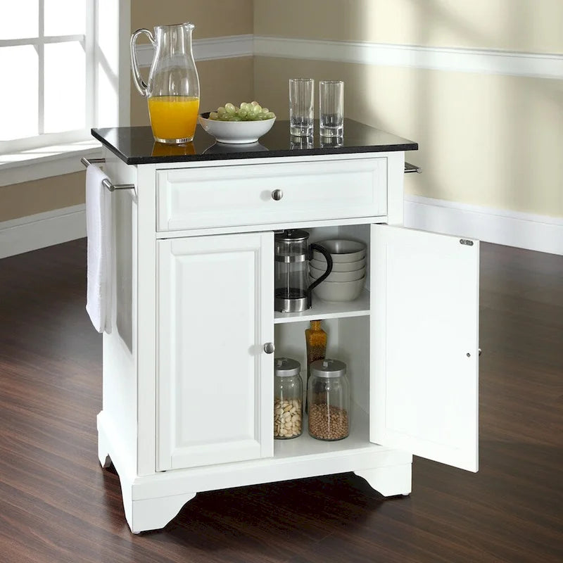 White Portable Kitchen Island with Black Granite Top, Drawer and Cabinet Storage