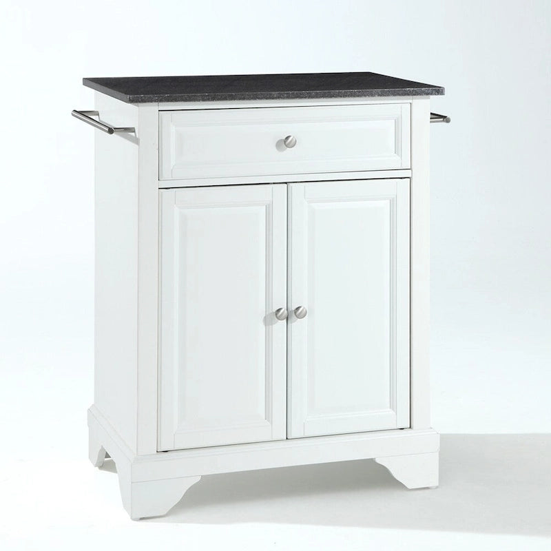 White Portable Kitchen Island with Black Granite Top, Drawer and Cabinet Storage