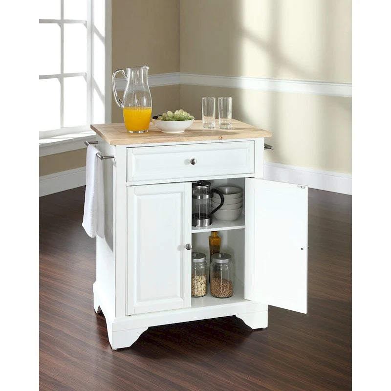 Compact White Kitchen Island with Stainless Steel Top and Storage Cabinet