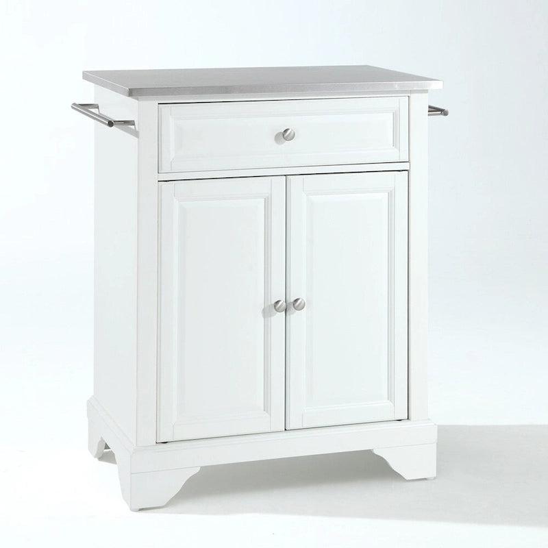 Compact White Kitchen Island with Stainless Steel Top and Storage Cabinet