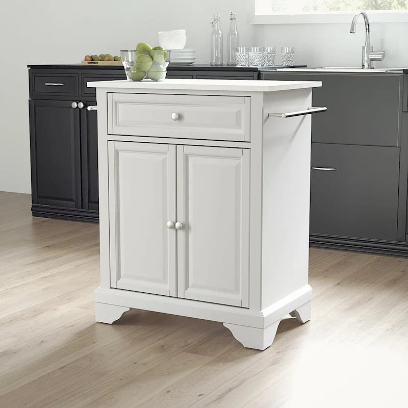 White Granite Top Portable Kitchen Island Cart with Storage Cabinet