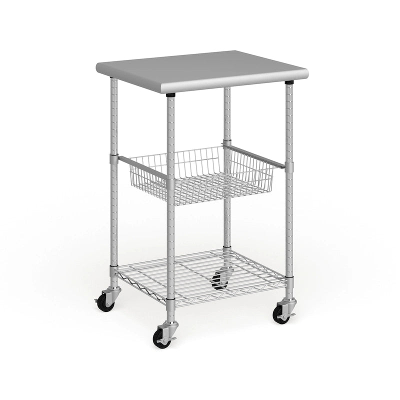 Silver Stainless Steel Rolling Kitchen Cart with Wire Shelves