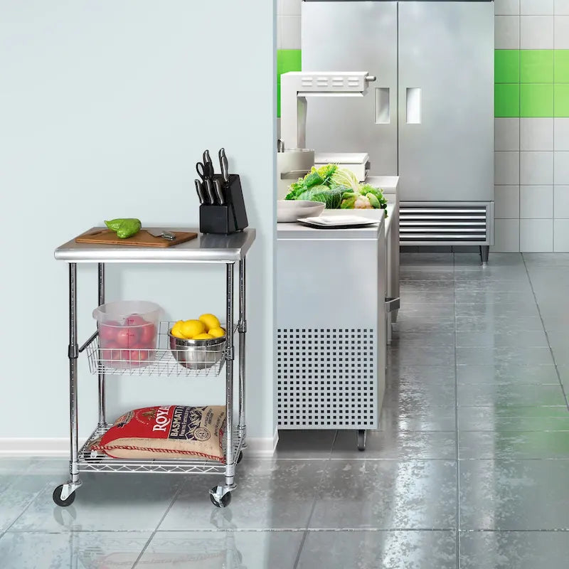 Silver Stainless Steel Rolling Kitchen Cart with Wire Shelves