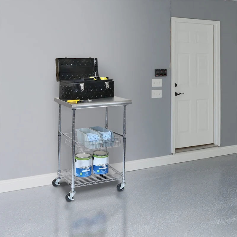 Silver Stainless Steel Rolling Kitchen Cart with Wire Shelves