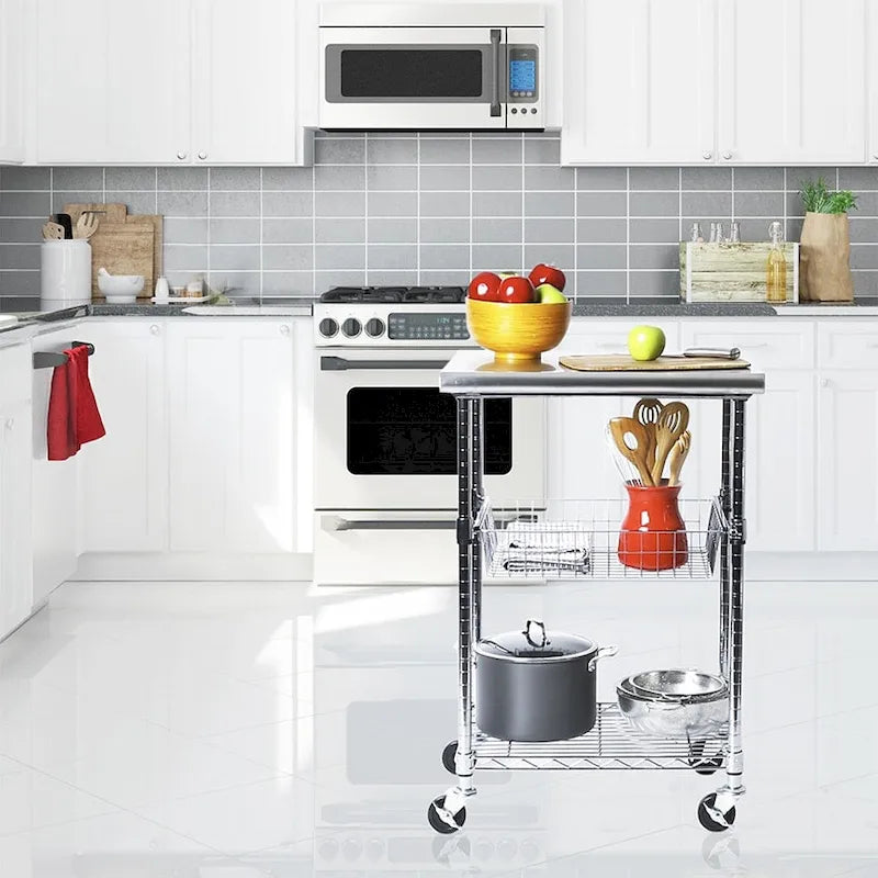 Silver Stainless Steel Rolling Kitchen Cart with Wire Shelves