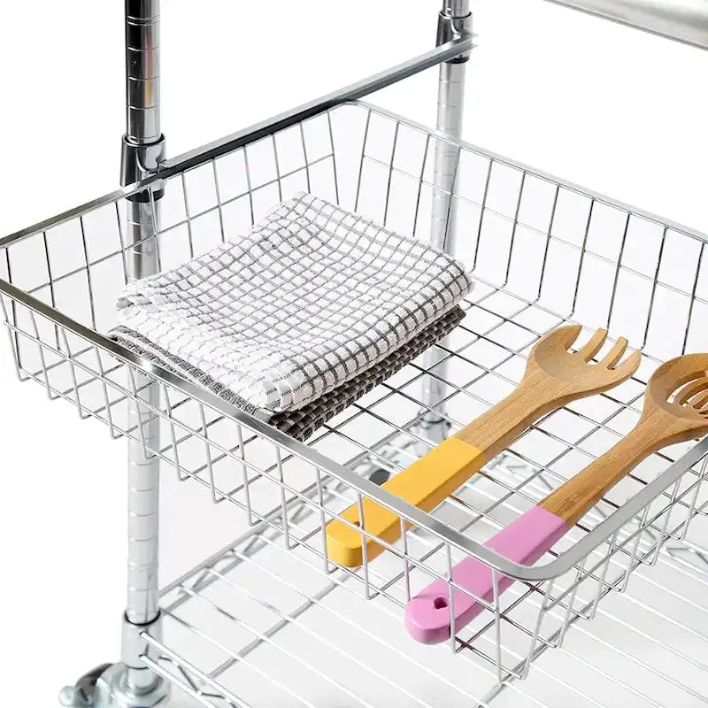 Silver Stainless Steel Rolling Kitchen Cart with Wire Shelves