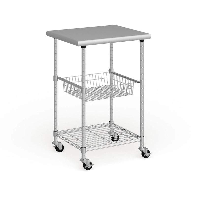 Silver Stainless Steel Rolling Kitchen Cart with Wire Shelves