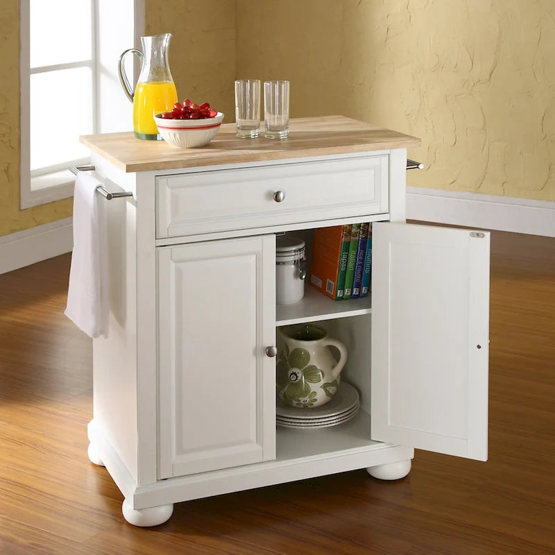 White Wood Top Kitchen Island Cart with Storage Drawer and Cabinet
