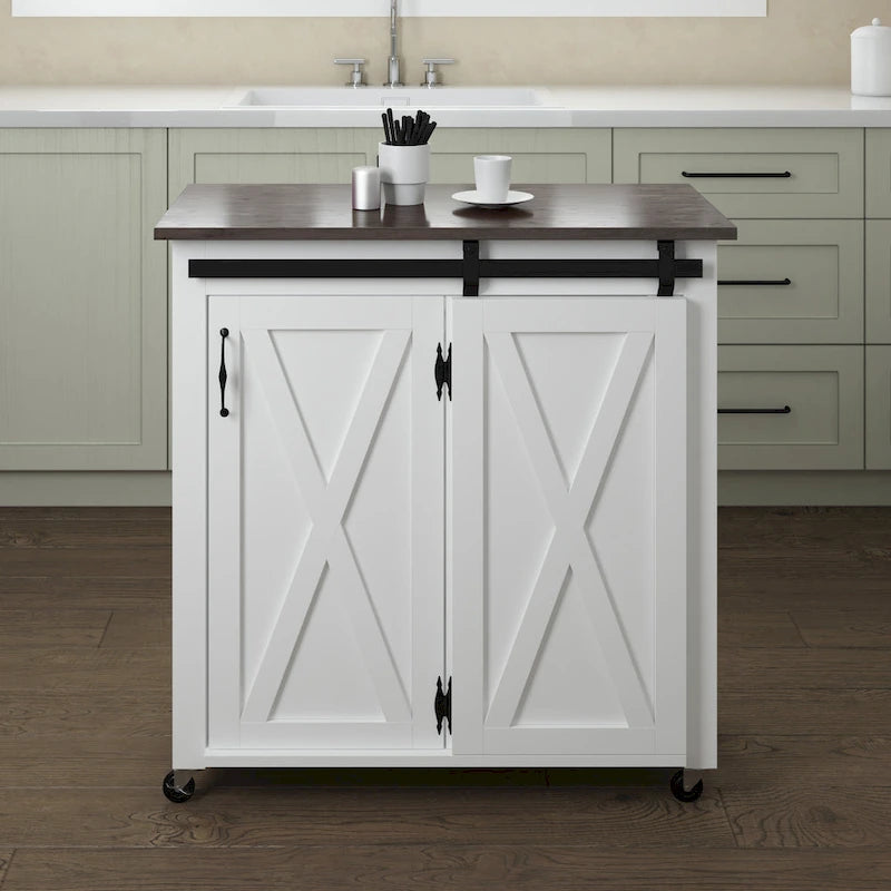 White Wood Mobile Kitchen Cart with Sliding Barn Door Storage