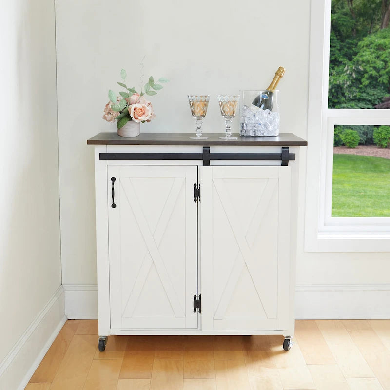 White Wood Mobile Kitchen Cart with Sliding Barn Door Storage