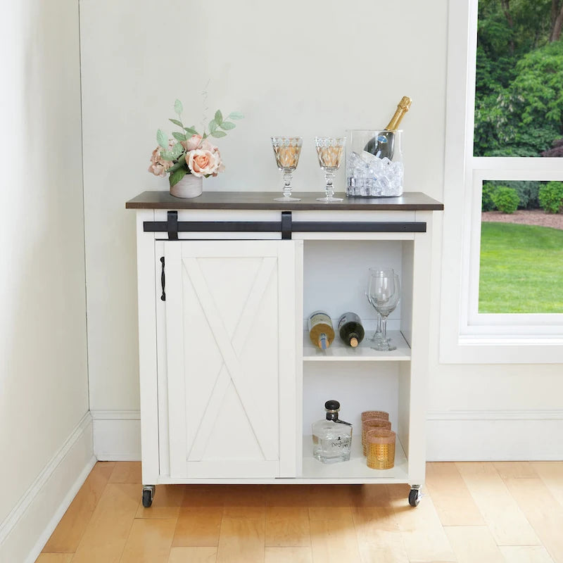 White Wood Mobile Kitchen Cart with Sliding Barn Door Storage
