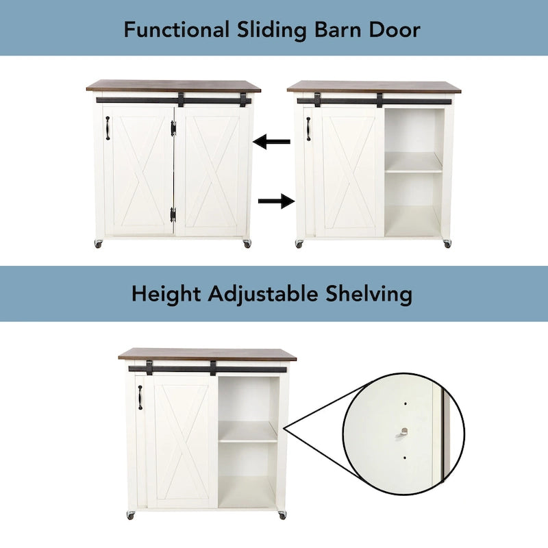 White Wood Mobile Kitchen Cart with Sliding Barn Door Storage