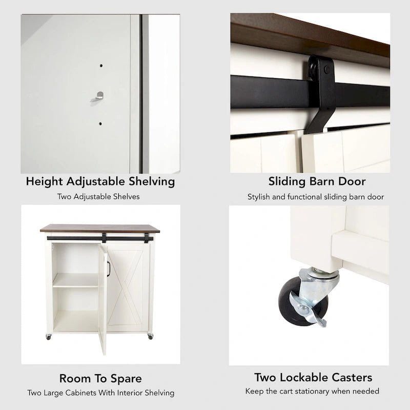 White Wood Mobile Kitchen Cart with Sliding Barn Door Storage