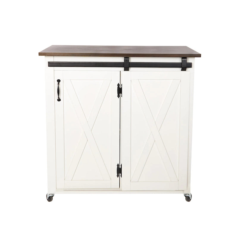White Wood Mobile Kitchen Cart with Sliding Barn Door Storage