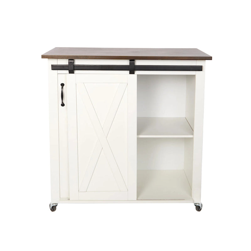 White Wood Mobile Kitchen Cart with Sliding Barn Door Storage