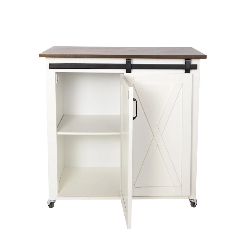 White Wood Mobile Kitchen Cart with Sliding Barn Door Storage