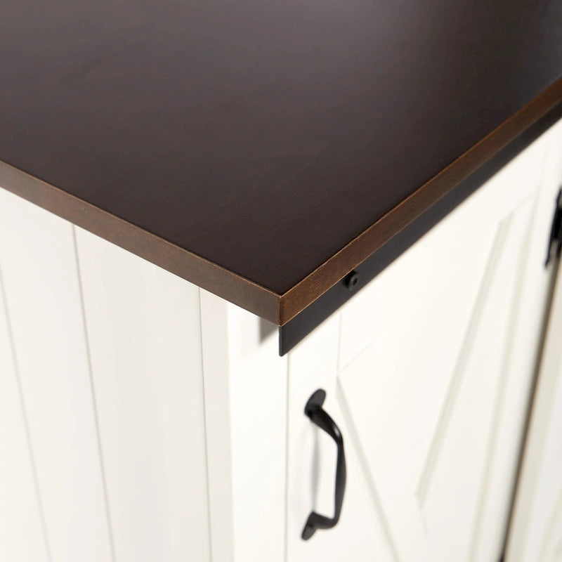 White Wood Mobile Kitchen Cart with Sliding Barn Door Storage