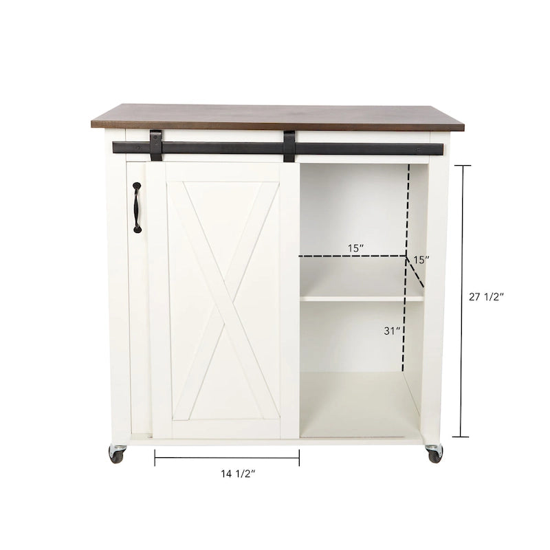 White Wood Mobile Kitchen Cart with Sliding Barn Door Storage